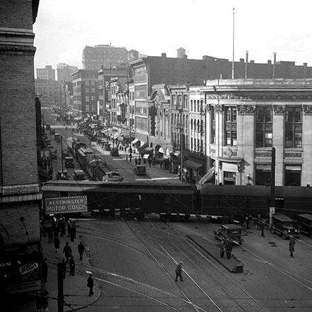 West Hastings & Carrall Streets - CPR interurban train crossing - credit City of Vancouver Archives