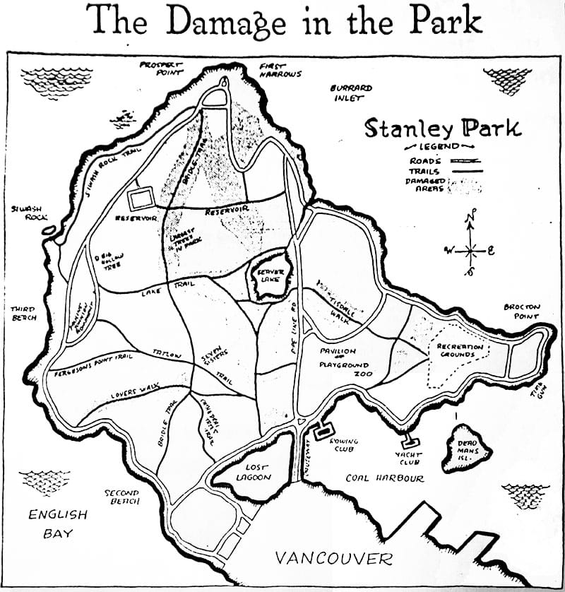 Stanley Park storm damage map from the Daily Province, 9 February 1935