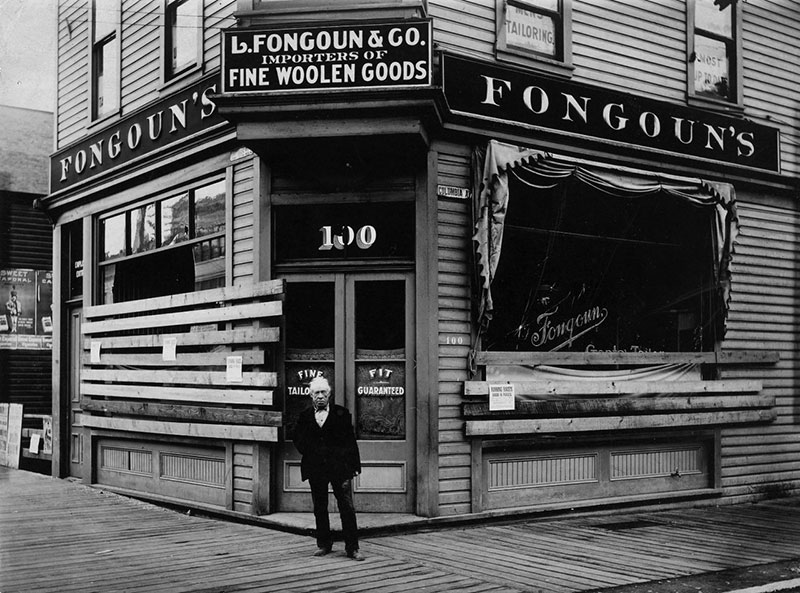Fongoun's Tailor shop at 100 East Hastings Street showing damage from the 1907 anti-Asian riots.