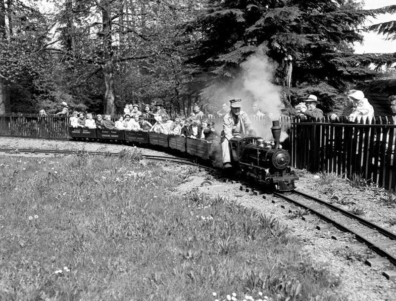 The miniature railway that was built in Stanley Park in the 1940s. The bigger one there today was built in a clearing left by Typhoon Freda. BC Archives #I-21688