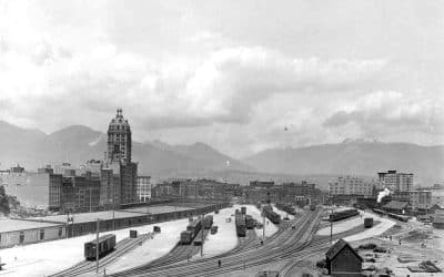 The World Building (now the Sun Tower), wholesale district, and railyards, 1915. Photo by Richard Broadbridge, BC Archives #B-00406