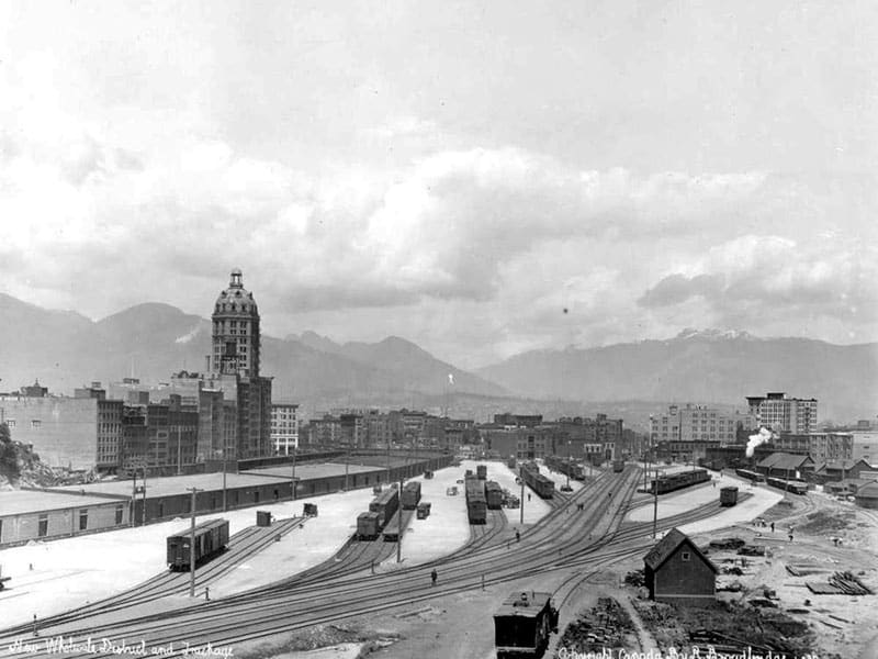 The World Building (now the Sun Tower), wholesale district, and railyards, 1915. Photo by Richard Broadbridge, BC Archives #B-00406
