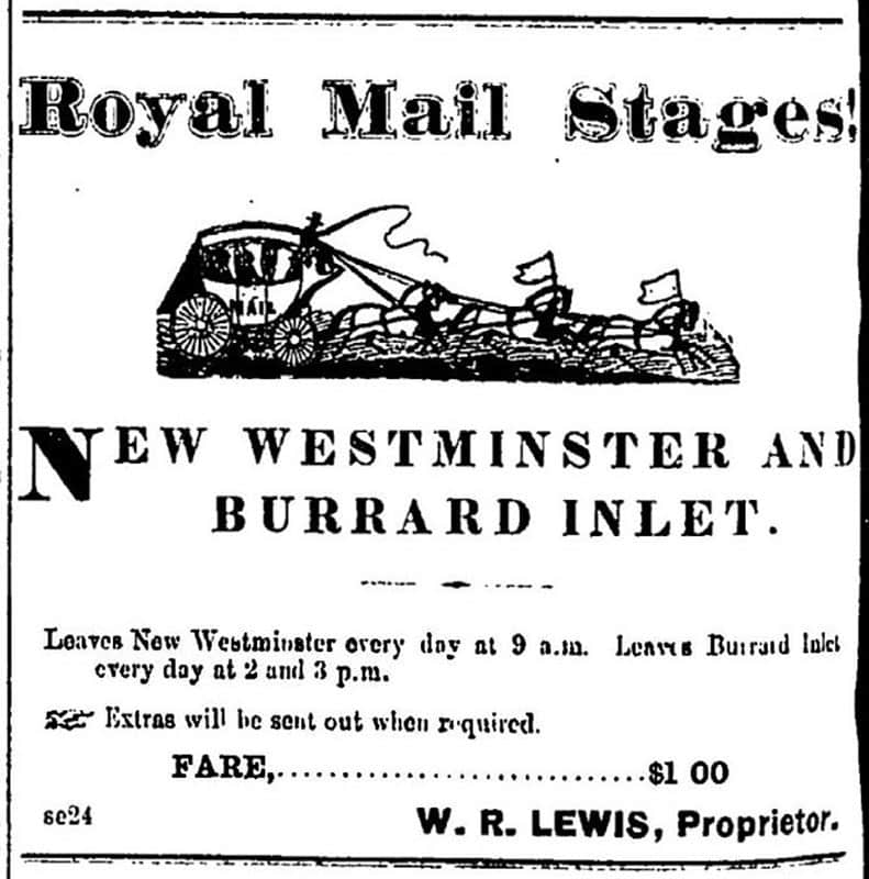 Ad for WR Lewis's Royal Mail Stagecoach from New Westminster to Burrard Inlet, Mainland Guardian, 15 January 1874.