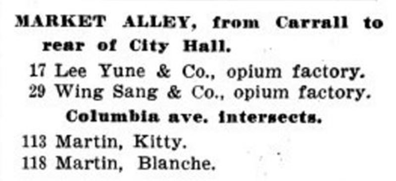 Market Alley directory listing from 1905. Opium hadn't been outlawed yet, and Dupont Street, and by extension, Market Alley, were still Vancouver's red light district. Wing Sang was owned by Yip Sang.