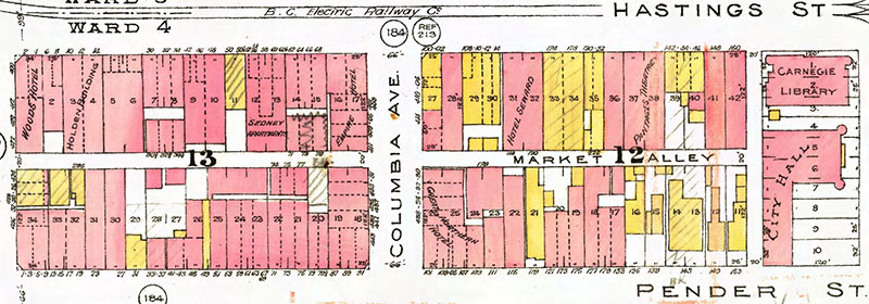 Market Alley from Goad's fire insurance map, 1912. City of Vancouver Archives, taken from the city's Van Map online database.