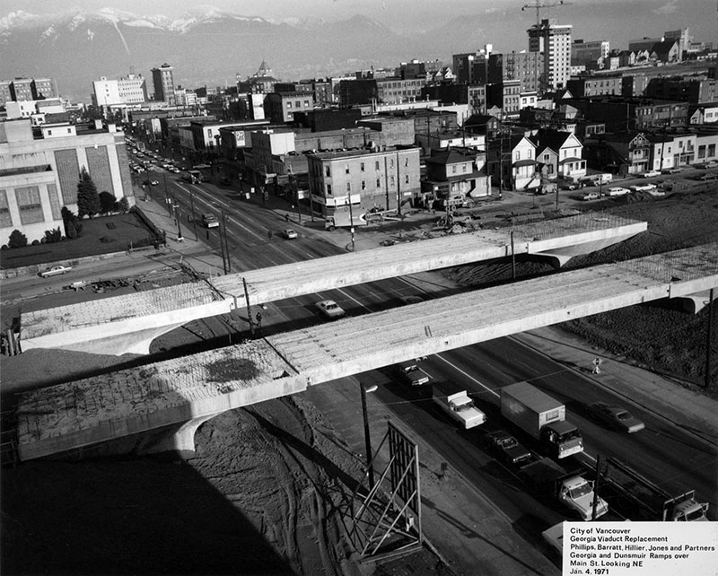 Construction of the viaducts over what was Hogans Alley in 1971. Vie's Chicken and Steakhouse was in the first house east of Main Street on Union. City of Vancouver Archives #216-1.23.