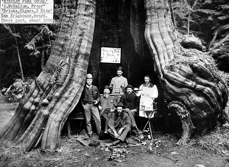 "Stanley Park Hotel," a gag photo taken at the Hollow Tree, ca. 1890. City of Vancouver Archives #St Pk P34