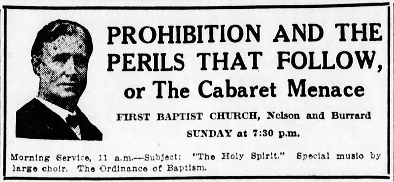 Advertisement warning of the possible perils of prohibition from the Daily World, 29 September 1917.