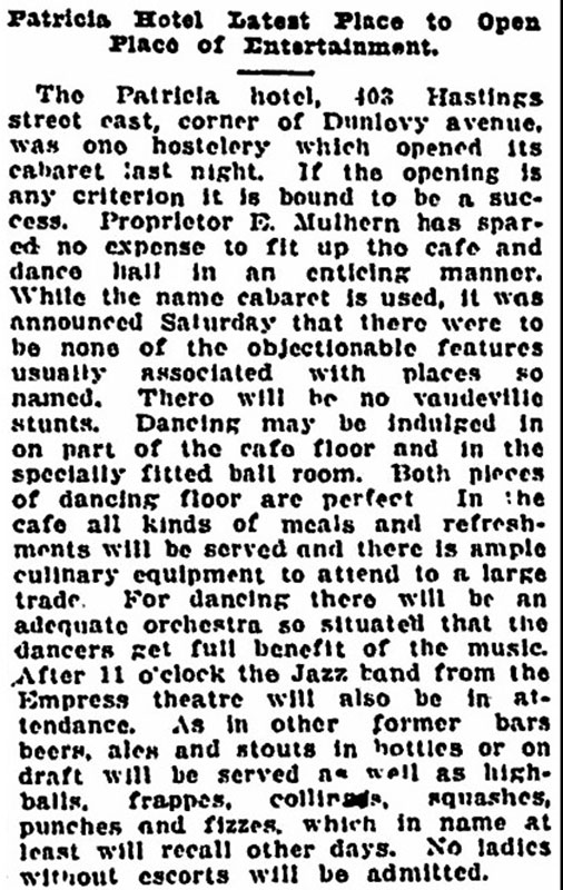 The owners of the Patricia Hotel went out of their way to convince people their new cabaret was a wholesome operation. Vancouver Sun, 7 October 1917.