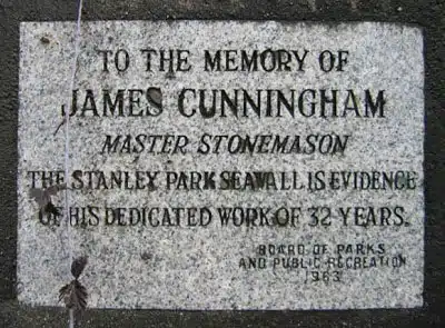 5 Secret Stories from Stanley Park 17 Plaque near Siwash Rock recognizing James Cunningham's work in building the seawall.
