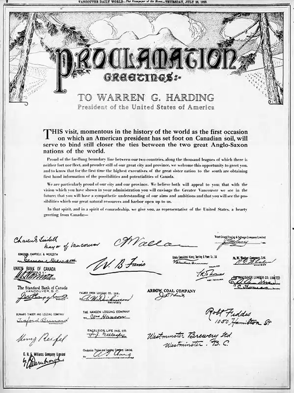 5 Secret Stories from Stanley Park 11 A proclamation from Vancouver businessmen welcoming President Harding to Vancouver. Curiously, one of the signatories is Henry Reifel, who was making a fortune at the time rum running during American prohibition. Daily World, 26 July 1923.