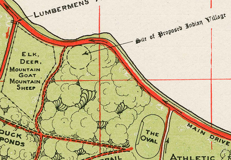 Detail of 1923 Stanley Park map showing the site of the proposed “Indian village.” City of Vancouver Archives #LEG1319.007.