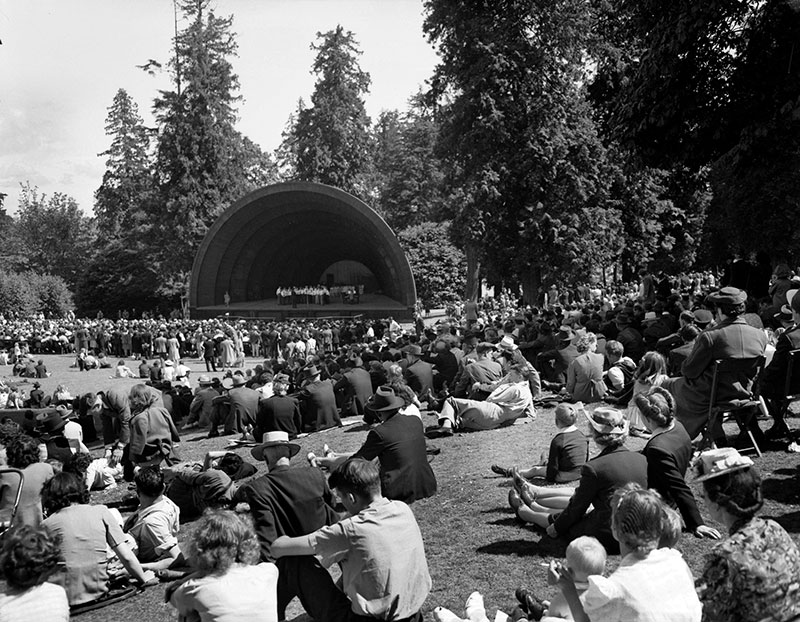 Audience on the grass for a concert, 1940s. Photo by Jack Lindsay, City of Vancouver Archives #1184-1963.