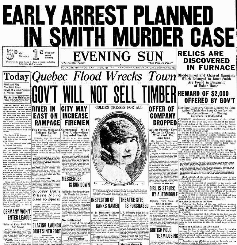 The Janet Smith murder mystery sold a lot of newspapers in the 1920s. Vancouver Sun, 13 September 1924.