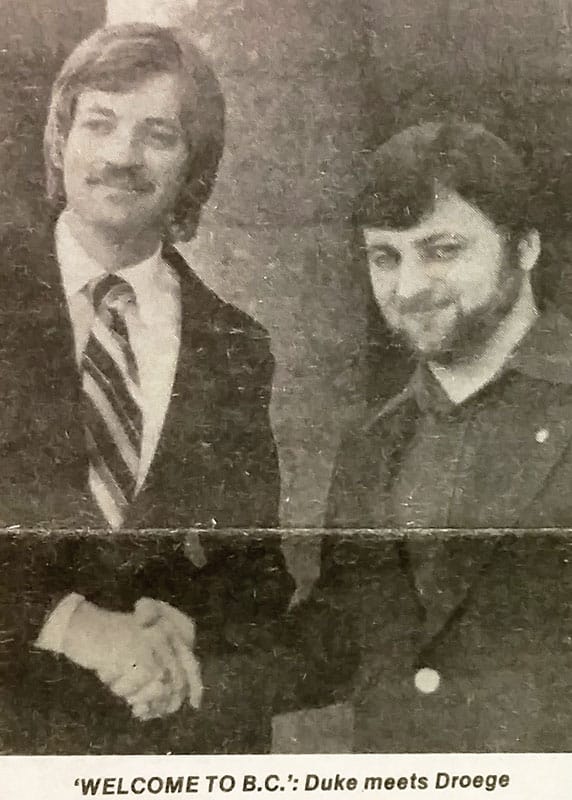 "Grand Wizard" David Duke and organizer for Western Canada, Wolfgang Droege of Victoria. Vancouver Courier, 19 April 1979.