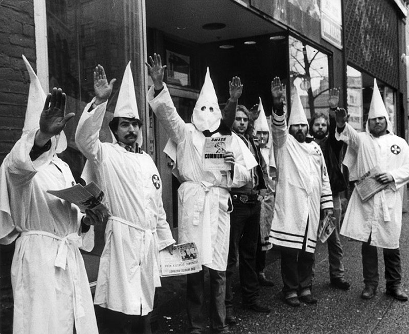 Klansmen leafletting on East Hastings, February 1982. Photo by George Diack for the Vancouver Sun.