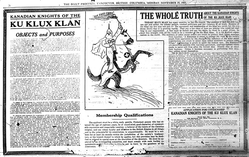 An advertisement for the KKK in the Daily Province, 23 November 1925.