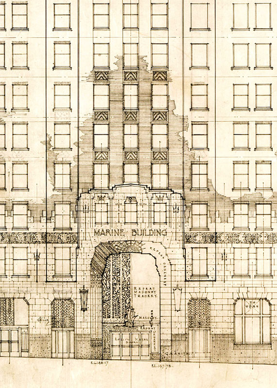 Architect's drawing of the Burrard Street entrance to the Marine Building, 1929. McCarter & Nairne, University of Calgary #MCA447-63a.