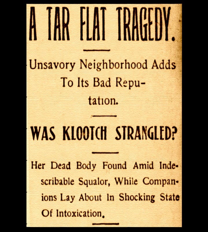 Newspaper headline about the death of an Indigenous woman at Tar Flat. Police only assumed it was a murder because of the neighbourhood's reputation. Daily World, 4 April 1902.