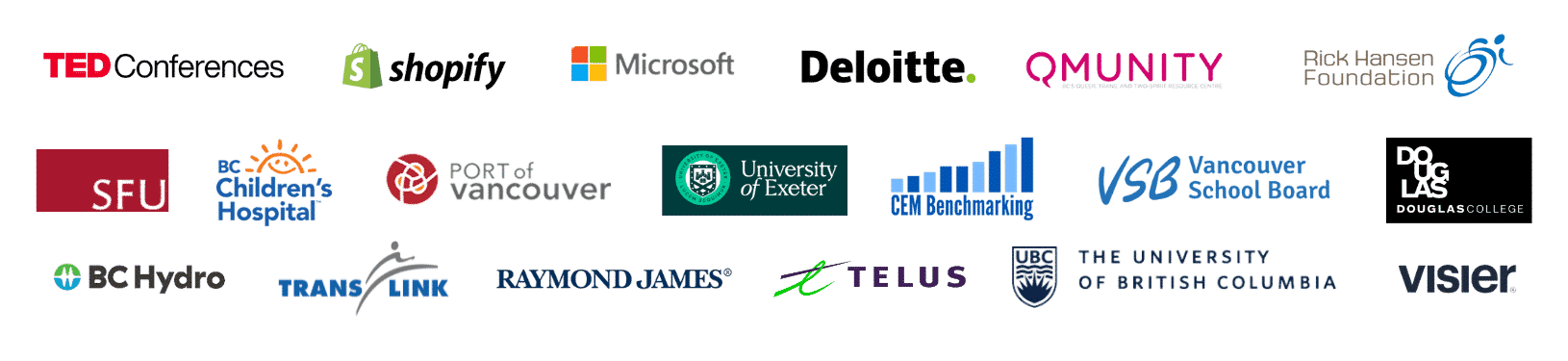 Who we've worked with: Ted Conferences, Shopify, Microsoft, Qmunity, Deloitte, Visier, Telus, Douglas College, University of British Columbia, SFU, BC Children's Hospital, Port of Vancouver, BC Hydro, Translink
