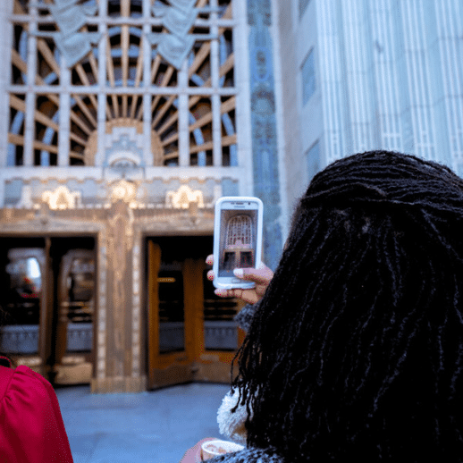 taking a photo of the Marine building entrance
