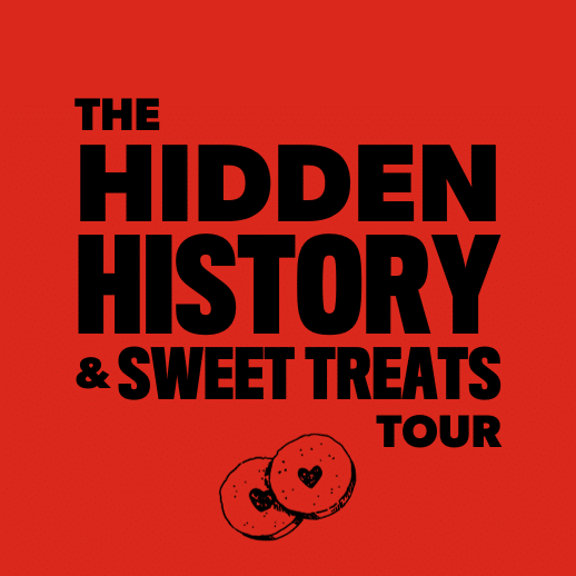 a red square background with black block lettering 