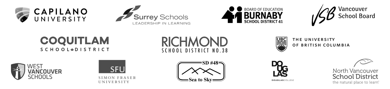 Schools we've worked with: logos of the universities and school boards in Vancouver we've worked with