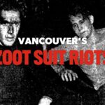 a grainy black & white photo of two disheveled and bloody men after the Zoot Suit Riots. Overlayed in large text