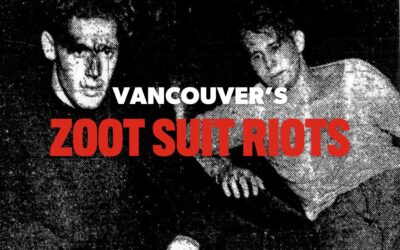 a grainy black & white photo of two disheveled and bloody men after the Zoot Suit Riots. Overlayed in large text