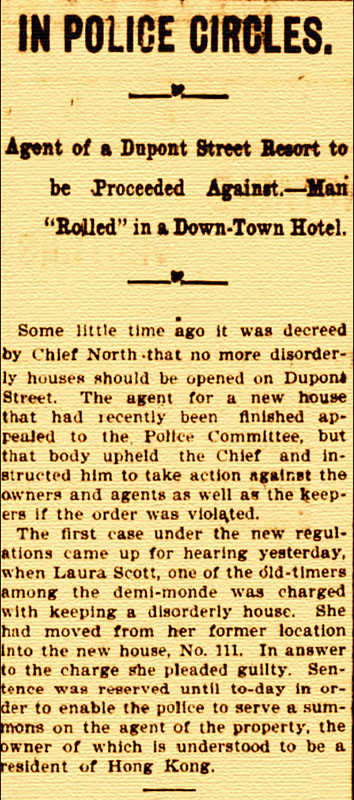 The Last Brothel in Vancouver's Chinatown 4 News-Advertiser newspaper clipping from July 8, 1903, reporting on official attempts to close Vancouver's Red Light District when 111 Dupont opened.