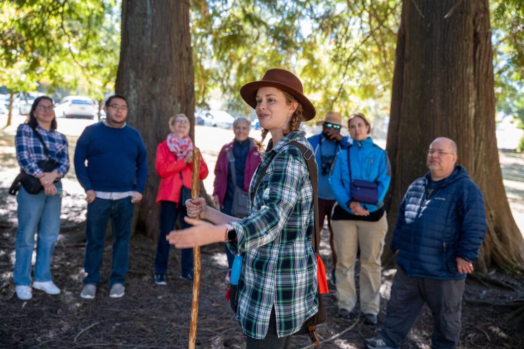 Guide in plaid shirt and walking stick gestures to walking tour group in forested walk